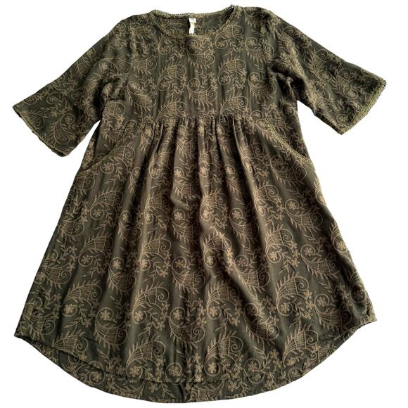 Uncle Frank Anthropologie Linen Blend Embroidered Brocade Olive Tunic Dress M - Picture 1 of 8